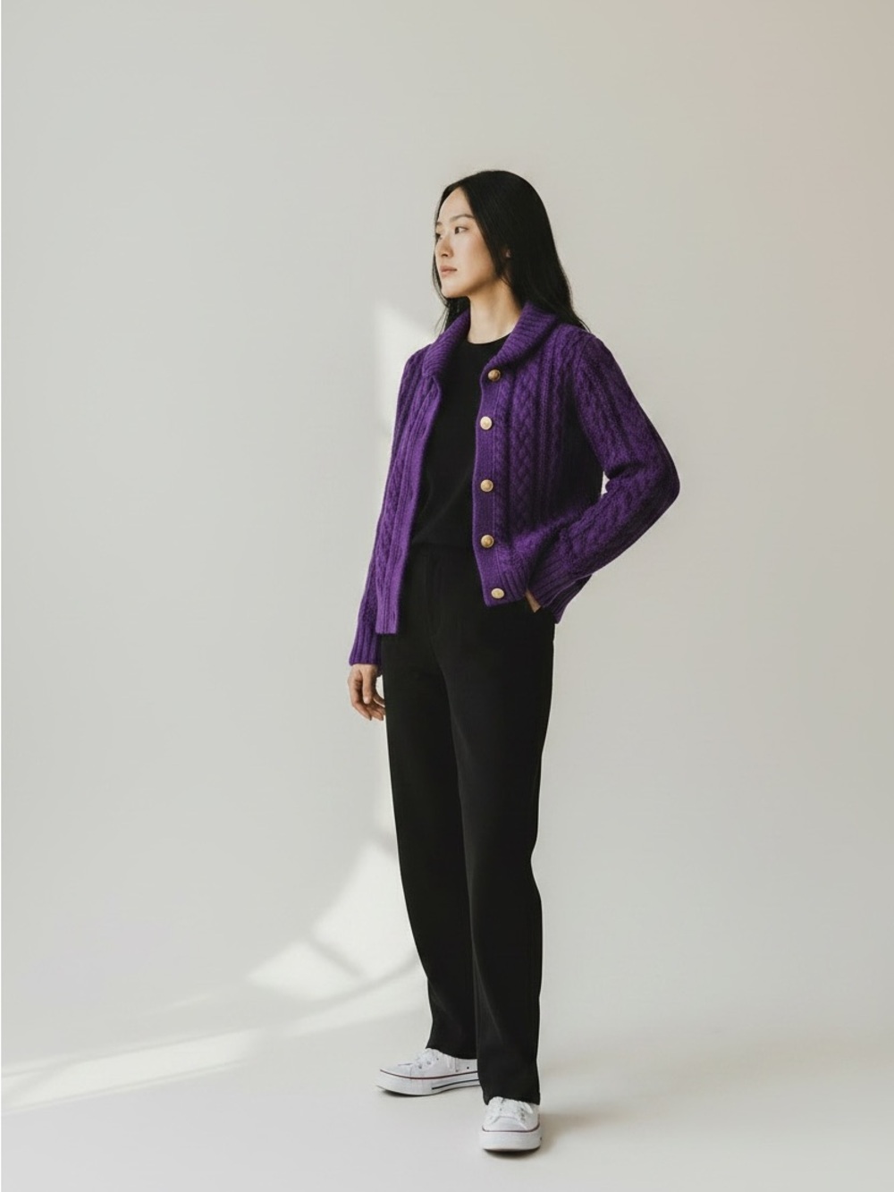 J.Crew Cable Knit Ruffle Neck Purple  Wool Blend Cardigan Sweater Size M